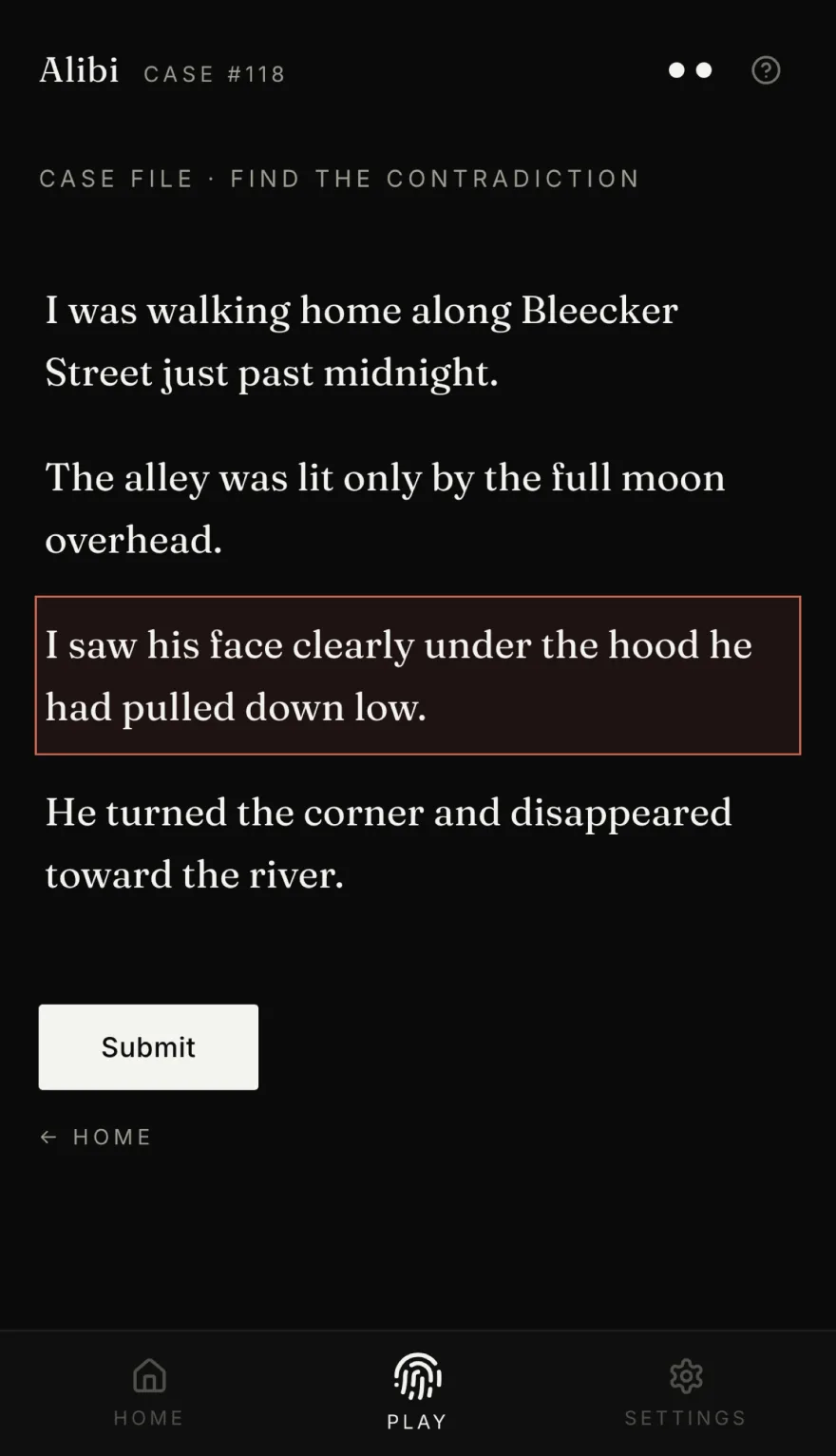 Alibi's case file screen: four witness statements, the third selected and outlined in red, with Submit now active.