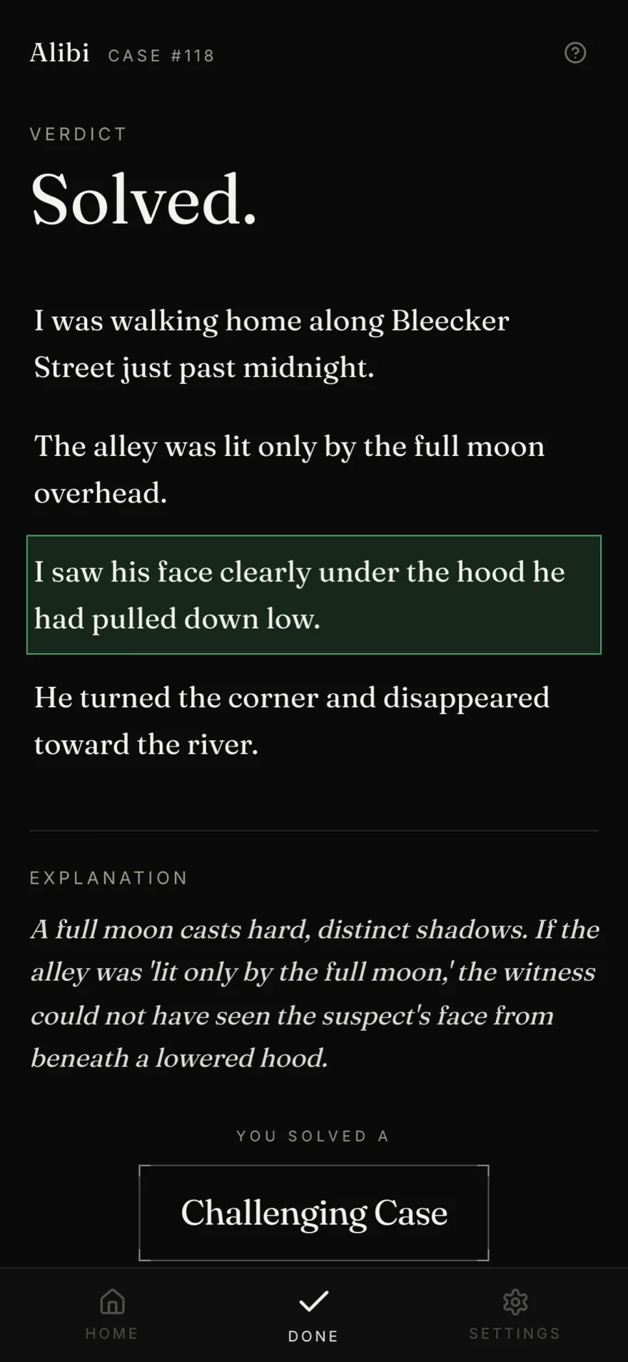 Alibi's verdict screen: Solved, the contradicting statement highlighted in green, and the explanation of why a full moon makes the claim impossible.