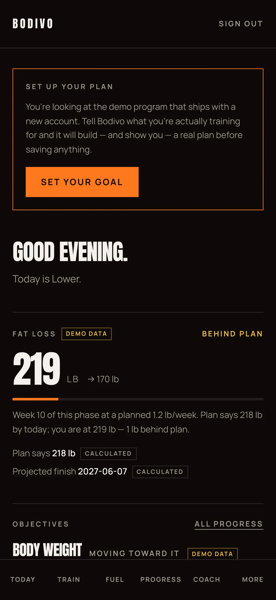 Bodivo's Today screen with demo data loaded, showing the day's session, the phase, and body weight against planned rate, labelled DEMO DATA.