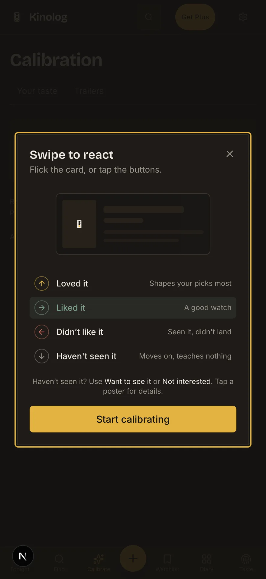 KinoLog's calibration deck for rating recognisable films quickly.