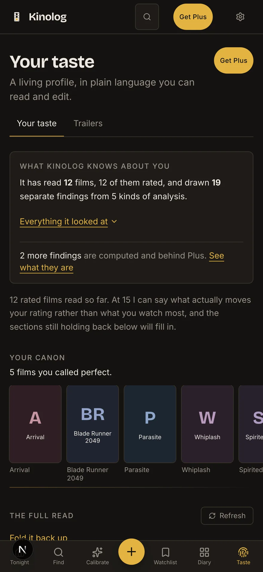 KinoLog's taste page summarising what the model has read and inferred.
