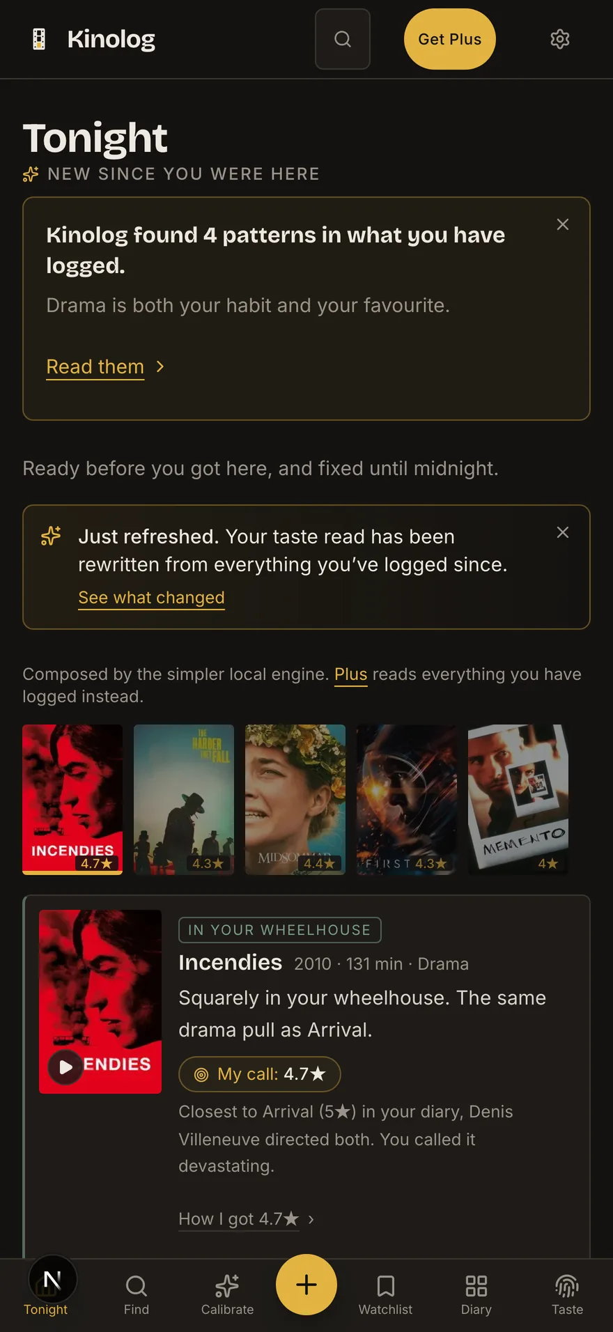 KinoLog's Tonight screen showing five film cards with predicted star ratings and the reasoning behind one of them.
