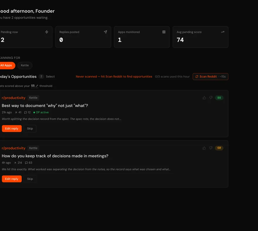 The Pitchless opportunity queue: two Reddit posts scored 88 and 60 against a threshold of 55, each with a drafted reply and Edit reply or Skip actions.