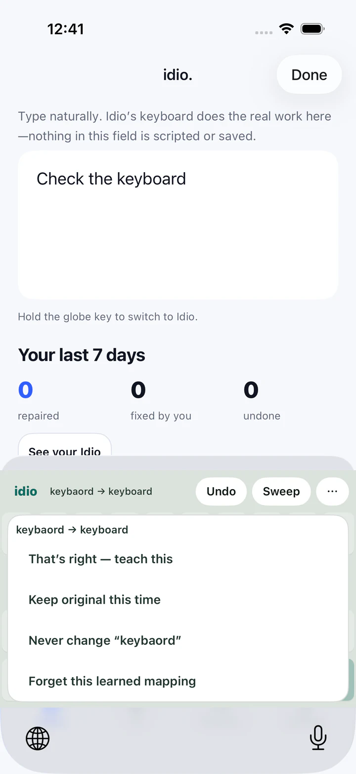 Idio keyboard strip showing keybaord corrected to keyboard, with a menu to teach it, keep the original, never change it, or forget the mapping.
