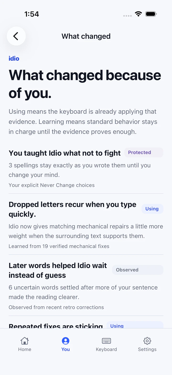 Idio What changed screen listing learned behaviour tagged Protected, Using and Observed, each with its source.