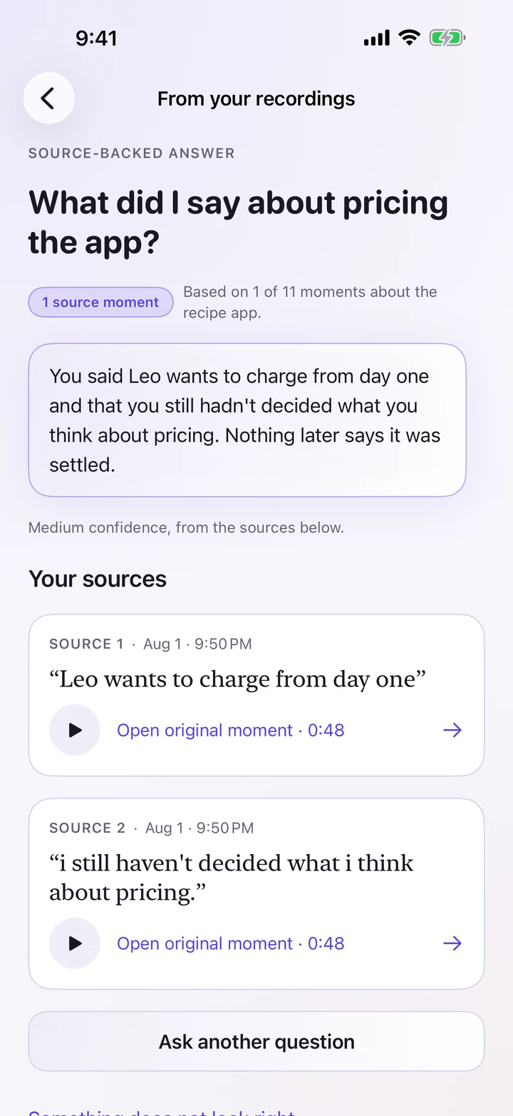 Smart Rant answer to What did I say about pricing the app, with medium confidence and two quoted source moments.