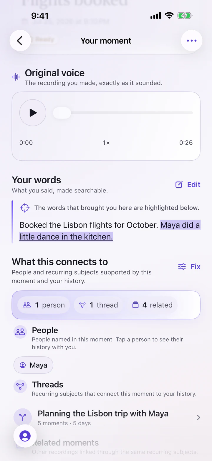 Smart Rant moment screen with the original recording, its transcript and linked people and threads.
