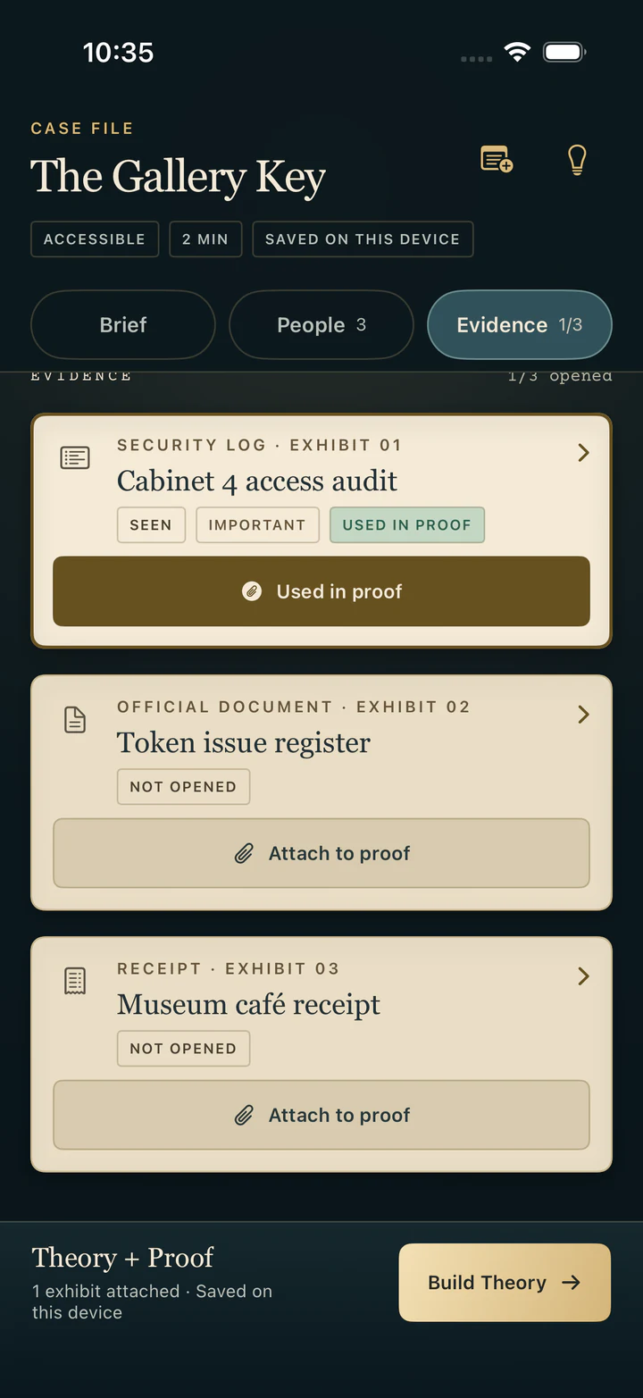 Whereabouts evidence tab with a security log used in proof and two unopened exhibits.