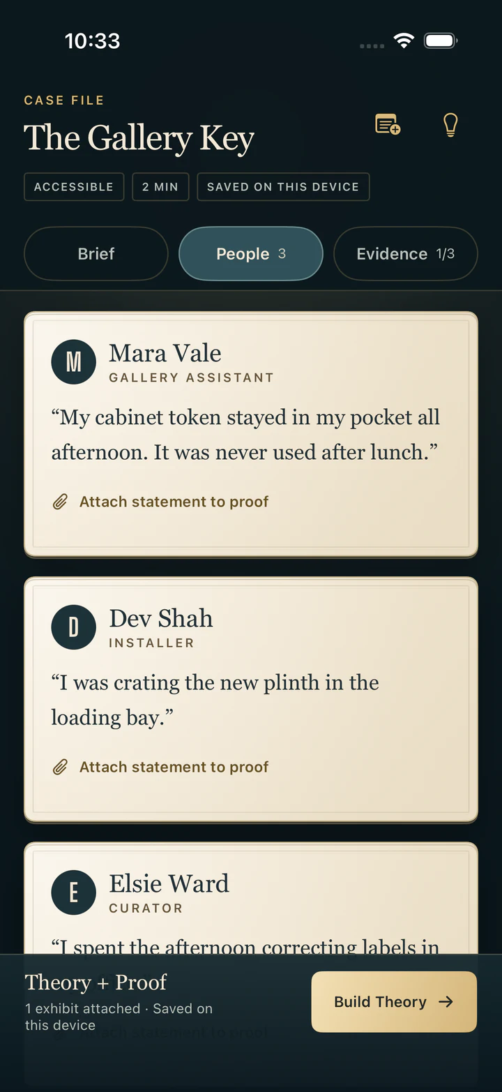 Whereabouts case file for The Gallery Key showing three people and their statements, each with an attach-to-proof action.