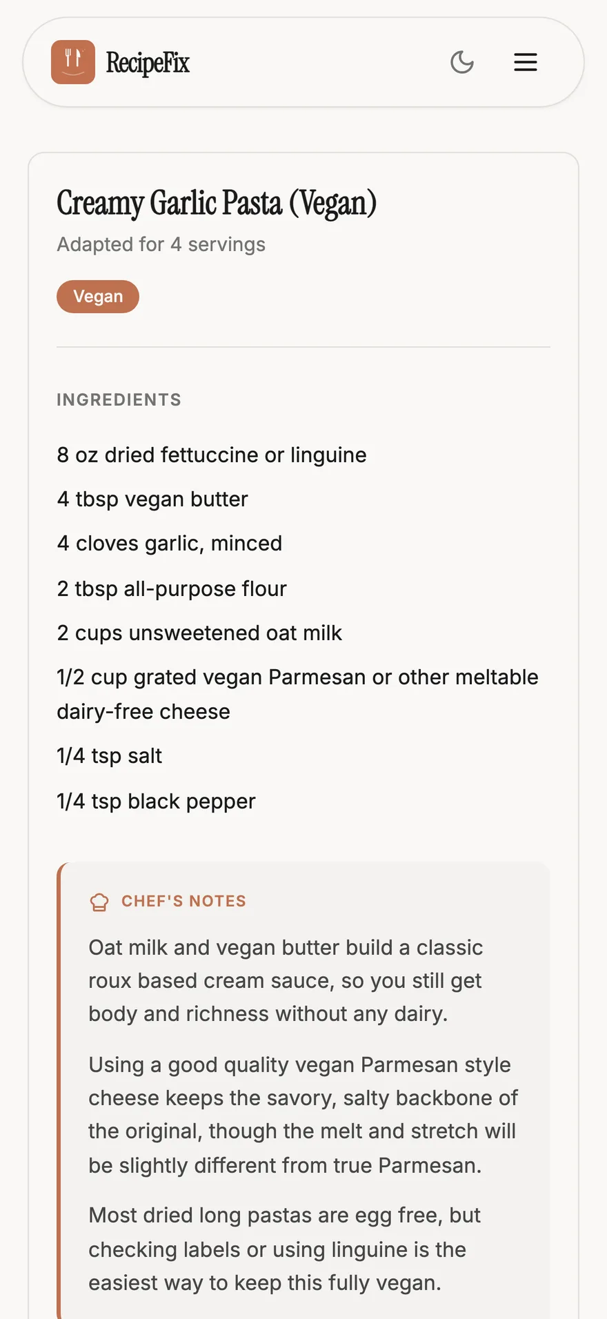 An adapted vegan recipe showing ingredient swaps and the reasoning behind each one.