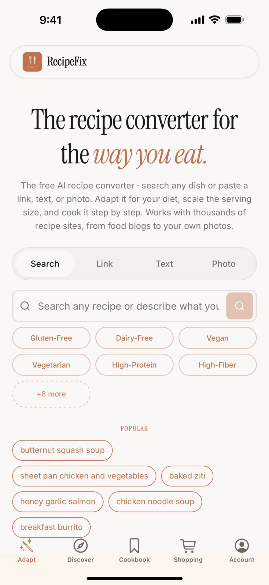 RecipeFix running on iOS, showing the recipe converter with dietary filter chips and a native tab bar.