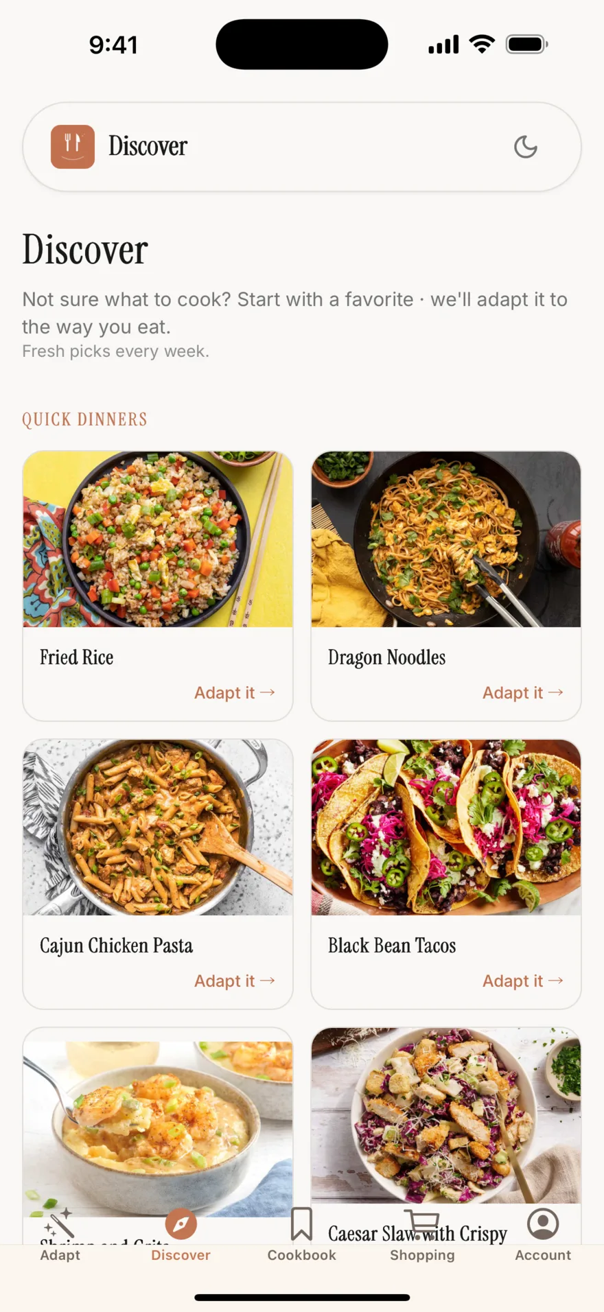 RecipeFix's Discover screen on iOS with recipe suggestions.