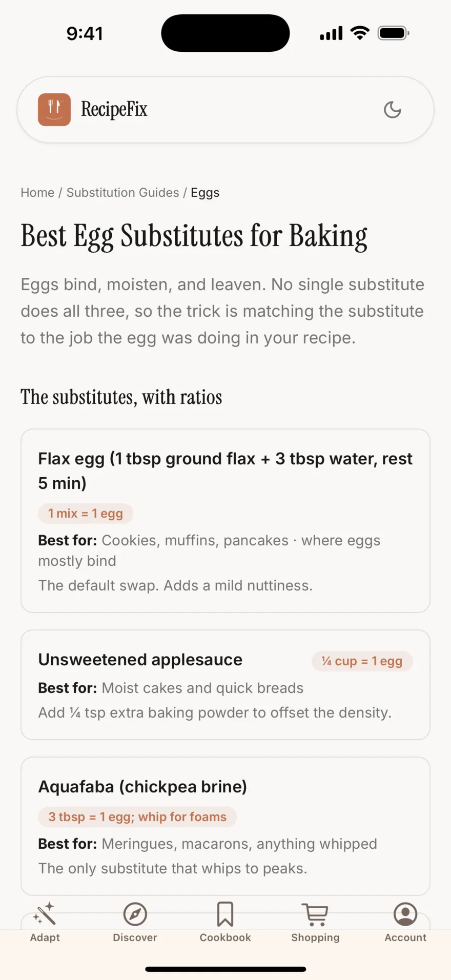 RecipeFix's ingredient substitution guides on iOS.
