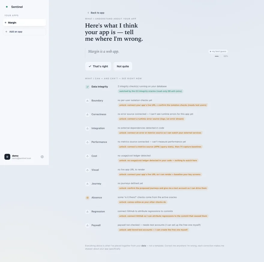 Sentinel's understanding screen, a first-person account of what it has worked out about the application with the evidence behind each claim.